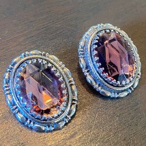 Vintage Whiting & Davis Purple Amethyst Gemstone And Silver Clip On Earrings
